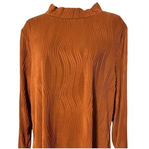 Robert Louis Womens XL Top Burnt Orange Mock Neck Wavy Pattern Long Sleeve
